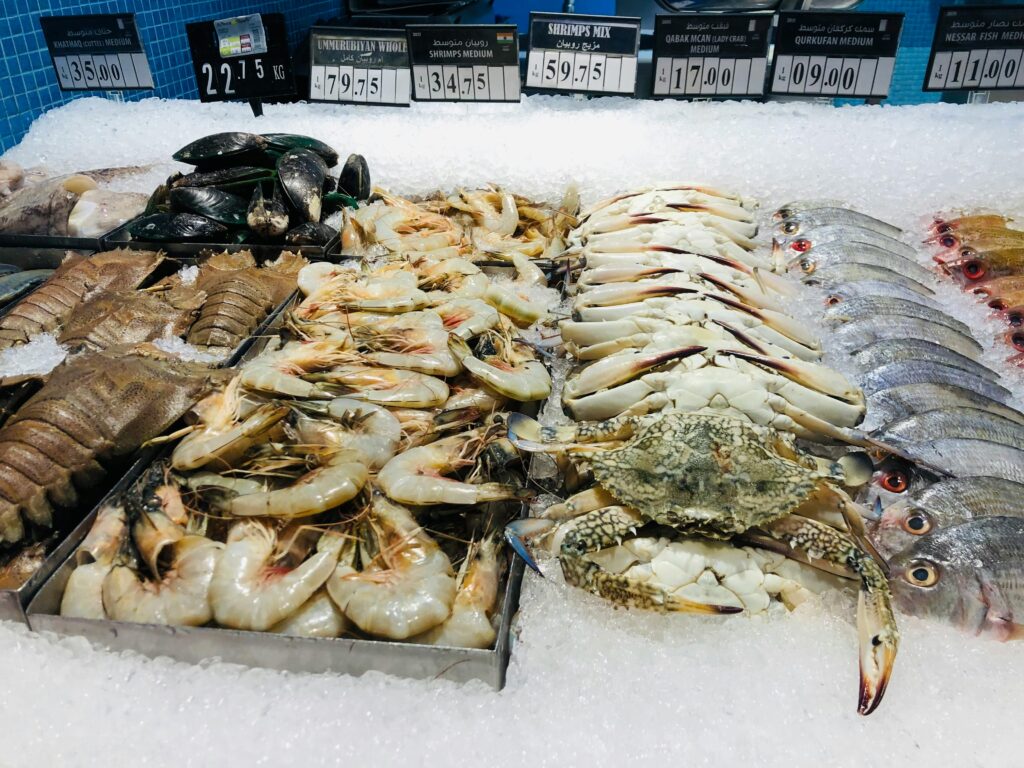Selección de pescado y marisco fresco sobre hielo